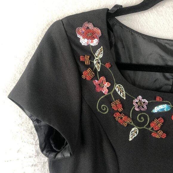 Virgo Petite Dress Womens Size 10 Black Floral Embroidered Beaded Maxi Formal - Picture 11 of 13